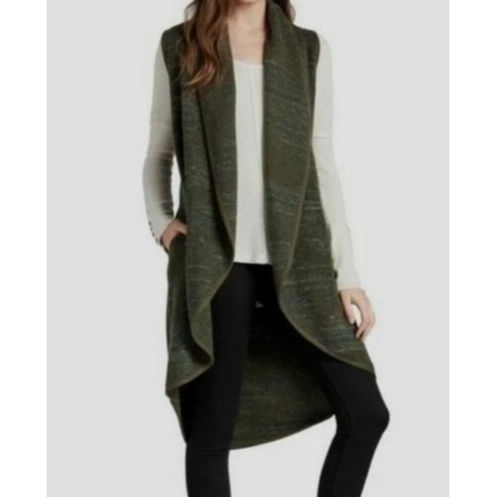 Lucky Brand Long Draped Sweater Vest Textured Olive Green Wool Blend